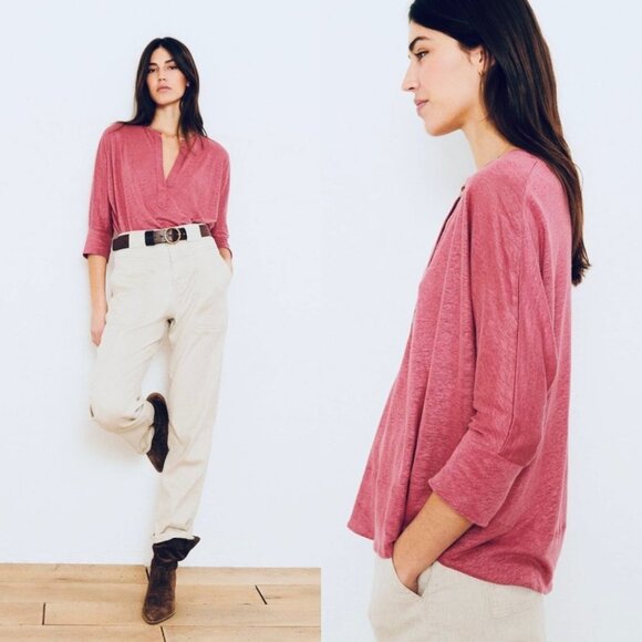 BA&SH 100% Linen Shirt Jexy Lady Pink V-Neck T-Shirt Elevated Basic Top Blouse 6 - Picture 2 of 14
